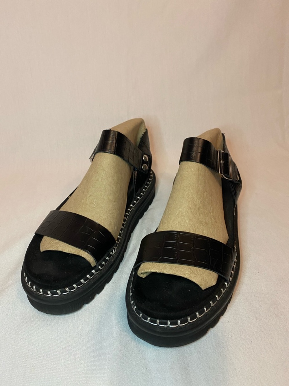 Black Croc-Texture Platform Slide Sandals